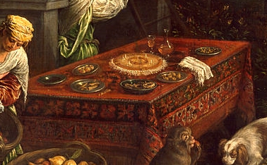 Detail from Leandro Bassano's Allegory of the Element Earth, c.1580. The marchpane in the centre of the table looks like it has been decorated with ragged comfits, small seeds coated in layers of sugar and used to aid digestion after dinner. Leandro Bassano [Public domain or Public domain], via Wikimedia Commons