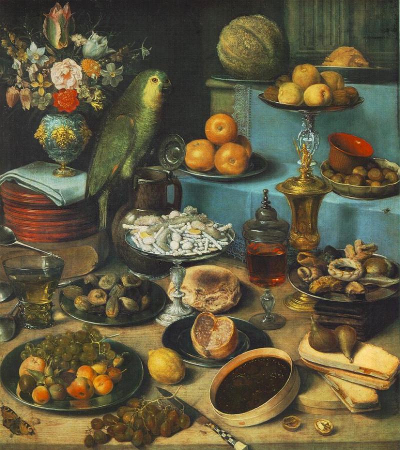 Georg Flegel, Still-life with Parrot, c. 1630. Georg Flegel [Public domain], via Wikimedia Commons. The round box at the front of the painting contains a dark fruit paste. 