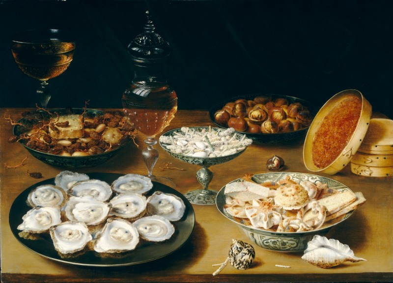 Osias Beert, Dishes with Oysters, Fruit and Wine c. 1620-25. Georg Flegel [Public domain], via NGA. This painting shows a lighter  fruit paste in the round box to the right of the image. It could be a different fruit like apricot, apple or pear or maybe a combination. 