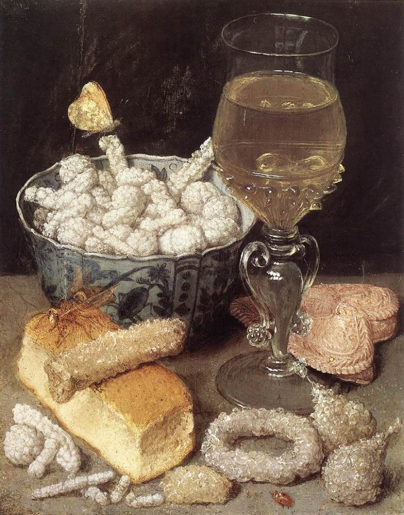 George Flegel, Still Life with Bread and Confectionary, 17th century, [Public Domain]  via Wikimedia Commons.  Here you can see comifts, spices which have been covered in layer after layer of sugar, wine and a moulded biscuit, perfect for rounding off the meal. 