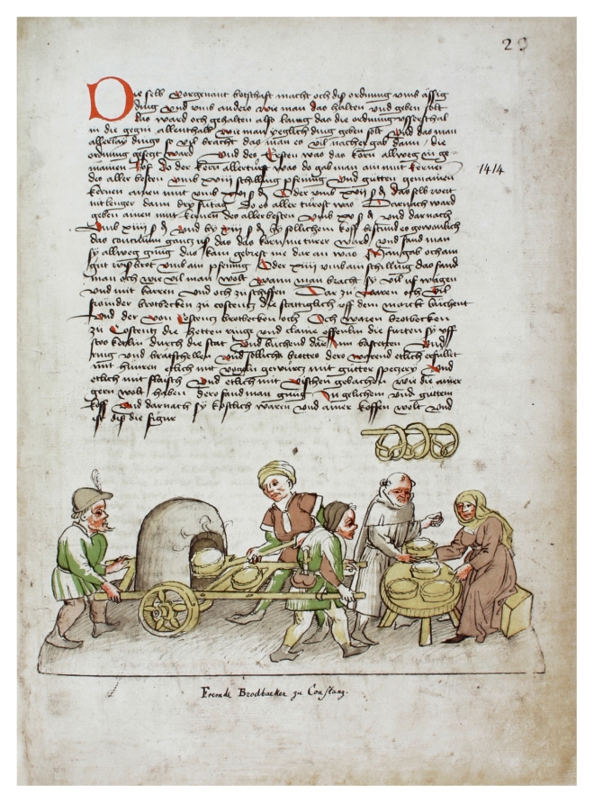 A page from Ulrich von Richental's 15th century The Chronicle of the Council of Constance. Note the oven on wheels, that's real fast food! See page for author [Public domain], via Wikimedia Commons
